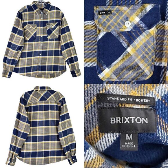 Brixton Shirt Men Medium Yellow Blue Plaid Long Sleeve Button Down - Picture 1 of 11